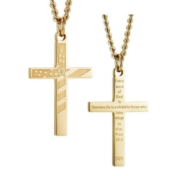 Men's Yellow Gold Plated Flag Cross Necklace Proverbs 30:5