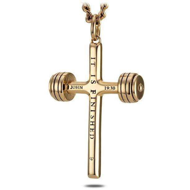 Men's Gold Stainless Steel Dumbbell Cross Necklace John 19:30