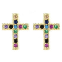 Multi-Color CZ Gold Cross Earrings