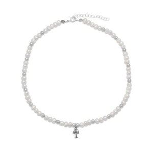 Women's Freshwater Pearl and Silver Bead Cross Necklace