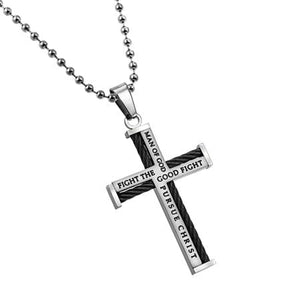 Man Of God Stainless Steel Cable Cross Necklace  - 1 Timothy 6:10