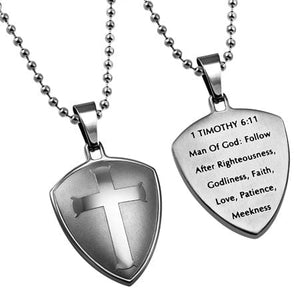 Men's Stainless Steel Silver Shield Cross Necklace Man Of God