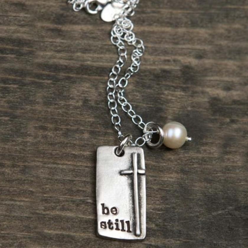Fine Pewter Be Still And Know Necklace With Pearl