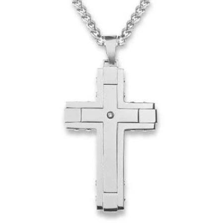 Men's Stainless Steel Cross Necklace With CZ
