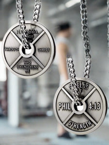 Men's Antique Finish High Relief Weight Plate Necklace - Phil 4:13