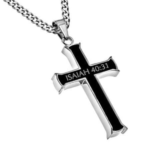 Men's Stainless Steel Black Cross Necklace - Strength Isaiah 40:31