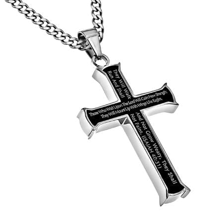 Men's Stainless Steel Black Cross Necklace - Strength Isaiah 40:31