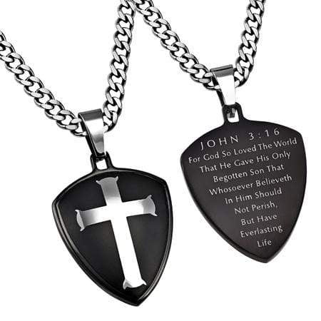 Men's Black R2 Shield Cross Necklace John 3:16
