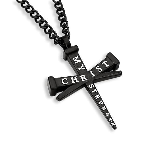 Men's Black Three Nail Cross Necklace Philippians 4:13