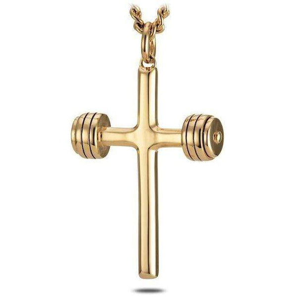 Men's Gold Stainless Steel Dumbbell Cross Necklace