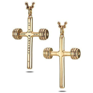 Men's Gold Stainless Steel Dumbbell Cross Necklace