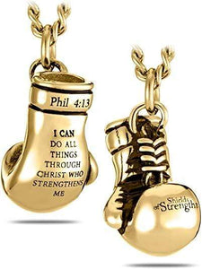Men's Philippians 4:13 Gold Stainless Steel Boxing Glove Necklace