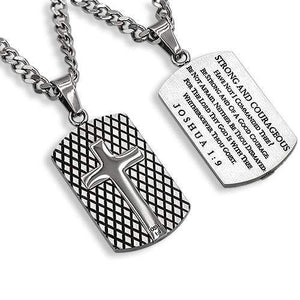Men's Silver Diamond Back Shield Cross Necklace Joshua 1:9