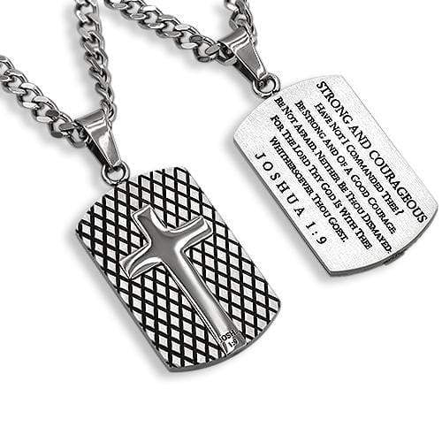 Men's Silver Diamond Back Shield Cross Necklace Joshua 1:9