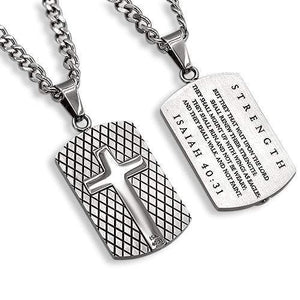 Men's Silver Diamond Back Shield Cross Necklace Strength