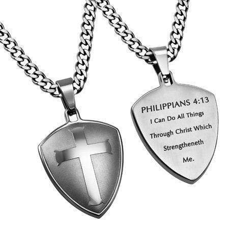 Men's Silver R2 Shield Cross Necklace Christ  My Strength Philippians 4:13