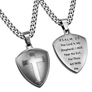 Men's Silver R2 Shield Cross Necklace Psalm 23