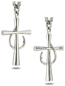 cross with antlers and fish hook Men's Stainless Steel Fish Hook Cross Necklace - 24"