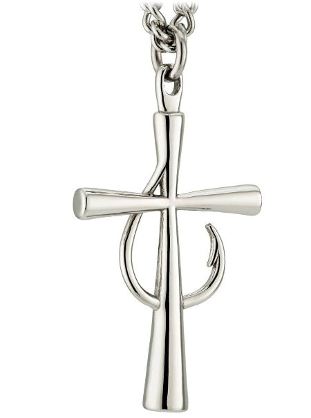 cross fish hook Men's Stainless Steel Fish Hook Cross Necklace - 30"
