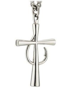 christian cross like fish hook Men's Stainless Steel Fish Hook Cross Necklace - 24"