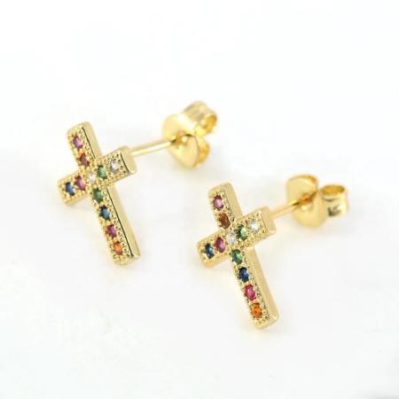 Multi-Color CZ Gold Cross Earrings