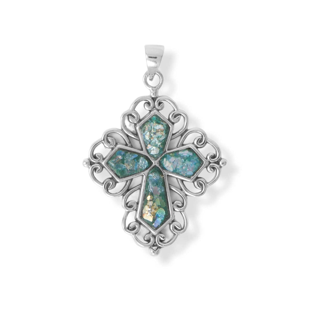 Ornate Sterling Silver Roman Glass Cross Pendant