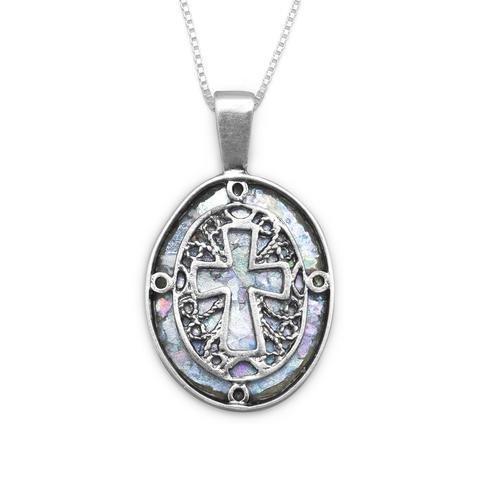 Oval Roman Glass Cut-Out Cross Necklace