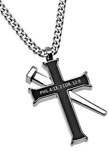 Philippians 4:13 Black Cross Necklace With Nail