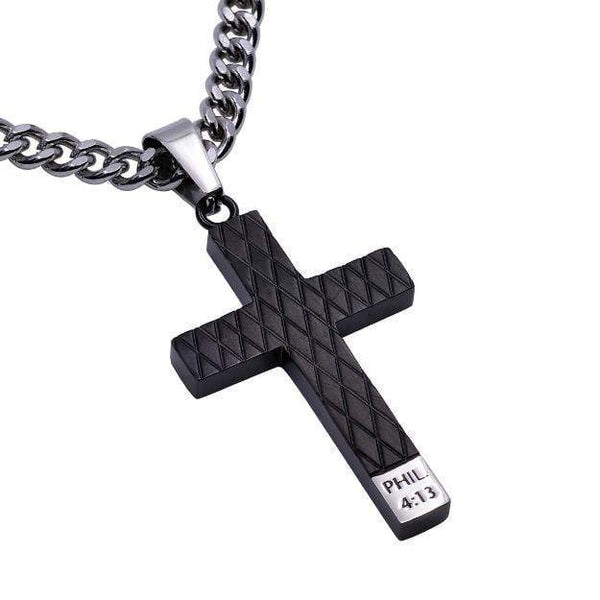Philippians 4:13 Black Diamond Back Cross Necklace