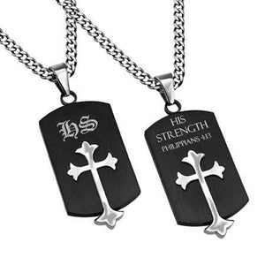 Philippians 4:13 Black Old English Shield Cross Necklace