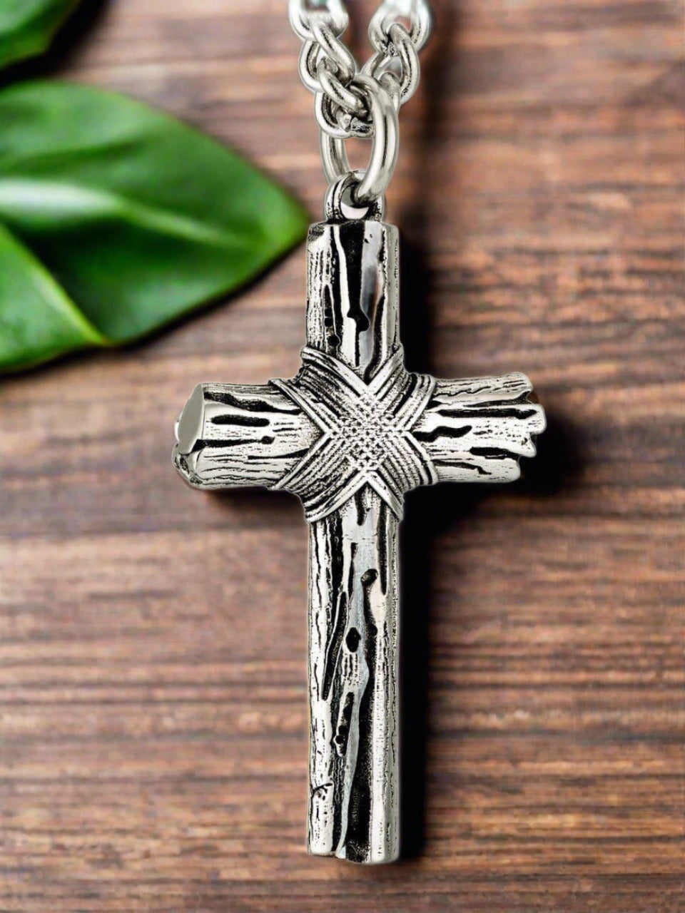 Stainless Steel Woodgrain Cross Necklace