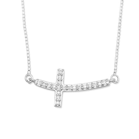 Sterling Silver Sideways Cross Necklace With Diamonds