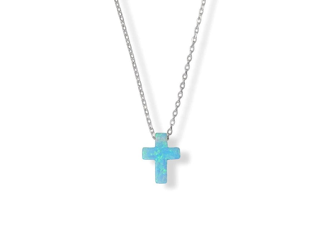 Synthetic Blue Opal Cross Necklace With Sterling Silver Chain