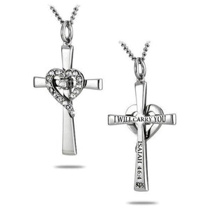 Women's Stainless Steel Cross Necklace with Crystal Heart